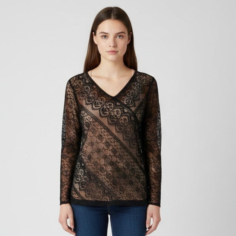 VICTOR COSTA Occasion Women's Top Size Large Lace Long Sleeve Black Beige
